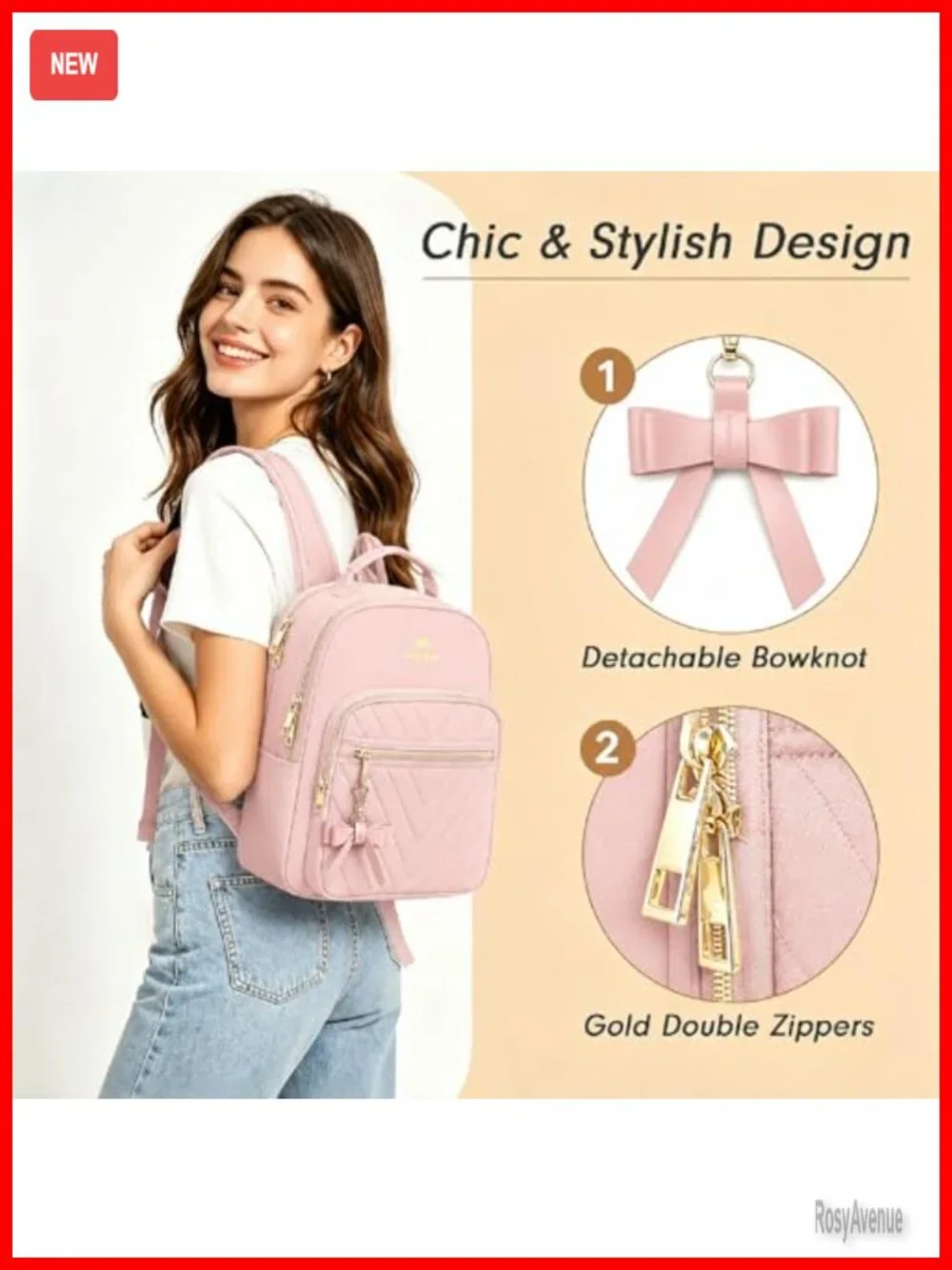 Mini Backpack for Women, Cute Daypack with Detachable Bowknot, Waterproof Nylon